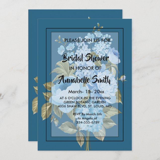 Invitación Moda clásica floral azul Bridal Shower (Anverso / Reverso)
