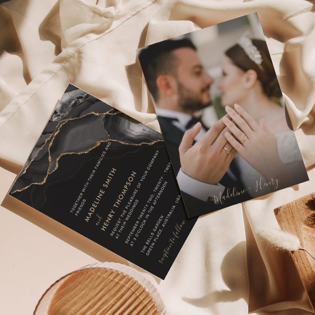 Invitación Moda clásica Guión de oro negro con Boda de fotos (Subido por el creador)