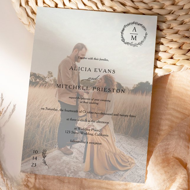Invitación Moda clásica monograma floral foto boda negro (Subido por el creador)