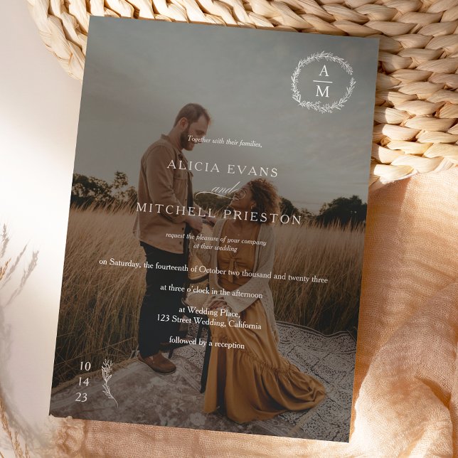 Invitación Moda clásica monograma floral foto de boda blanco (Subido por el creador)