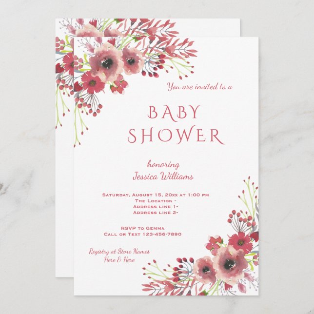 Invitación Moda Classy Red Floral Watercolor Baby Shower (Anverso / Reverso)