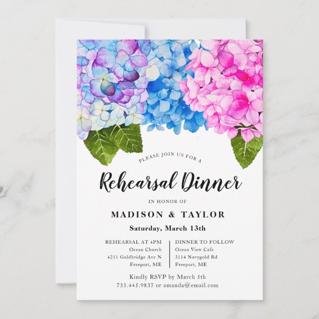 Invitación Moda Color Azul Rosa Ensayo Floral Cena (Anverso)