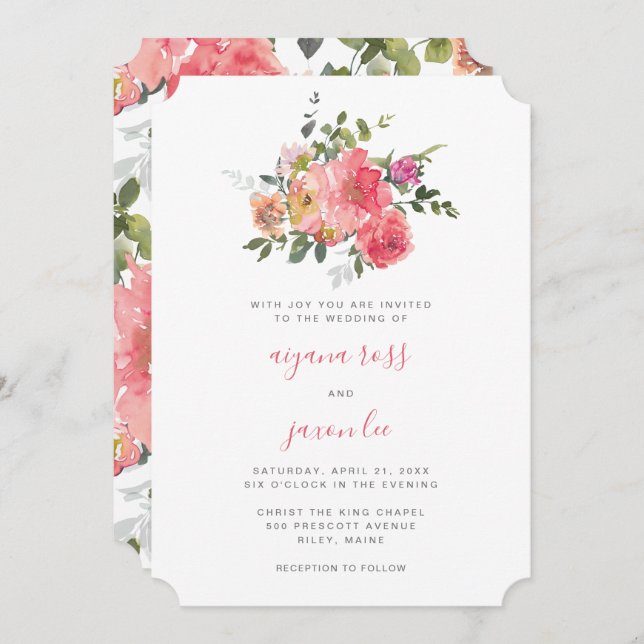 Invitación Moda color de agua rosa Peony Bouquet Boda (Anverso / Reverso)