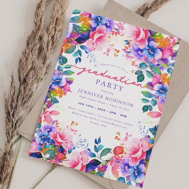 Invitación Moda Colorful Garden Floral Graduación (Chic Colorful Garden Floral Graduation Party Invitation)