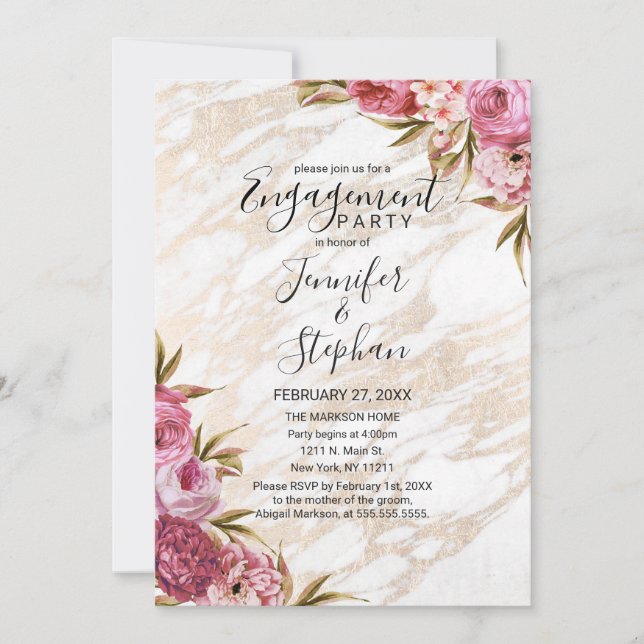 Invitación Moda Compromiso de Mármol de Oro Floral Rosa (Anverso)