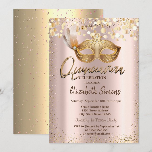 Invitación Moda Confetti Masque Rosa Oro Quinceañera (Anverso / Reverso)