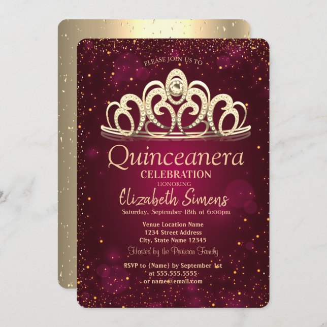 Invitación Moda Confetti Tiara Burgundy Quinceañera (Anverso / Reverso)