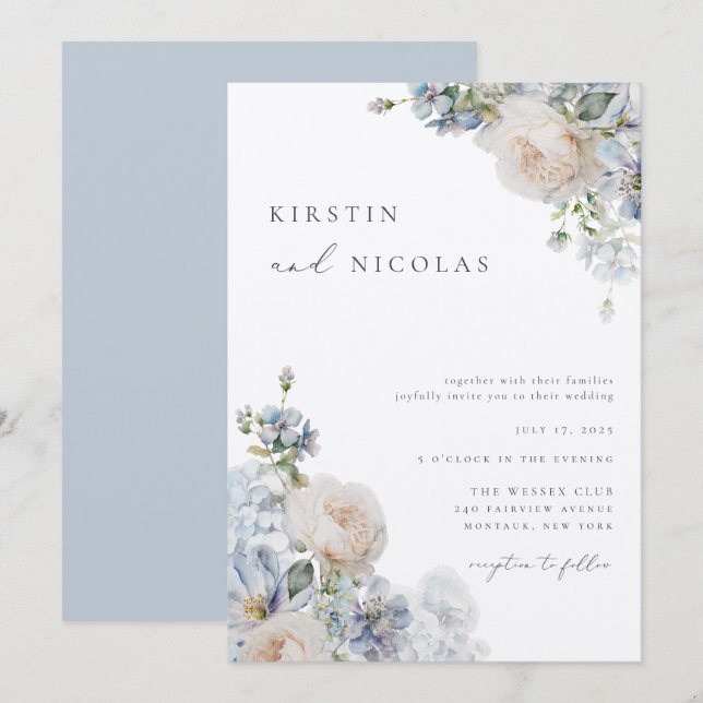 Invitación Moda contemporánea Dusty Blue Garden Boda floral (Anverso / Reverso)
