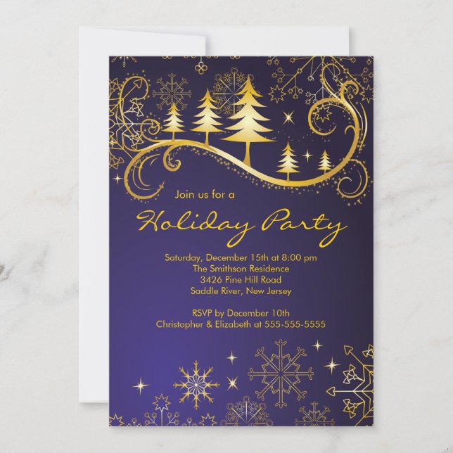 Invitación Moda copos de nieve fiesta navideña de árboles (Anverso)