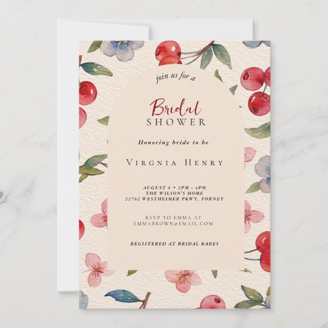 Invitación Moda Coquette Cherry en una gran ducha de novia (Anverso)