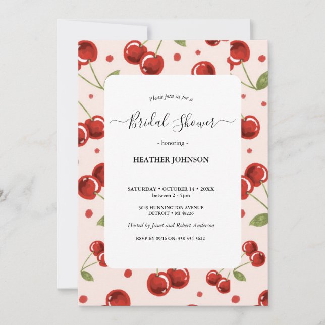 Invitación Moda Coquette Cherry en una gran ducha de novia (Anverso)