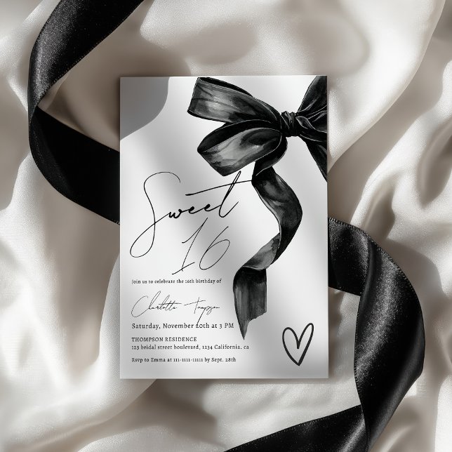 Invitación Moda Coquette moderna Black Bow Sweet 16 Cumpleaño (Chic Modern Coquette Black Bow Sweet 16 Birthday Invitation)