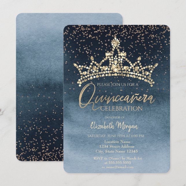 Invitación Moda Corona la Marina Confetti Azul Quinceañera (Anverso / Reverso)