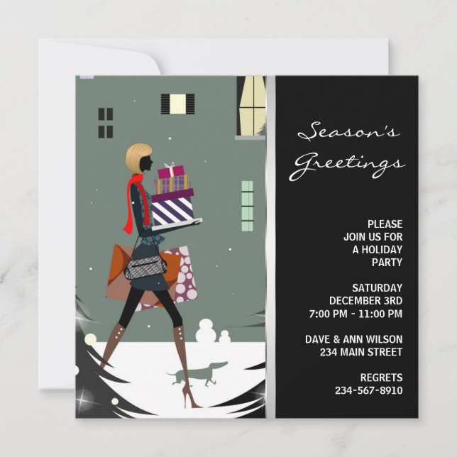 Invitación Moda Cosmopolita Fiesta de Navidades verdes negros (Anverso)