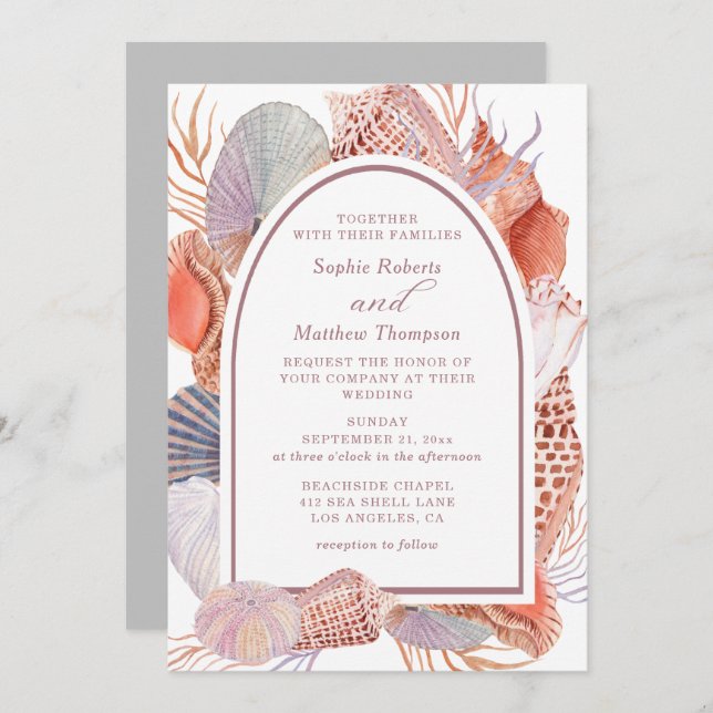 Invitación Moda costera Boda de acuarela de Beach Seashells (Anverso / Reverso)