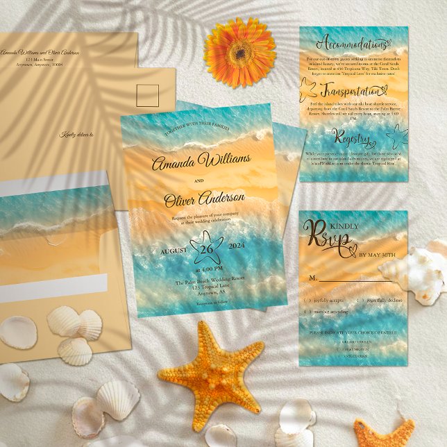 Invitación Moda costera Boda de agua turquesa de arena dorada (Subido por el creador)