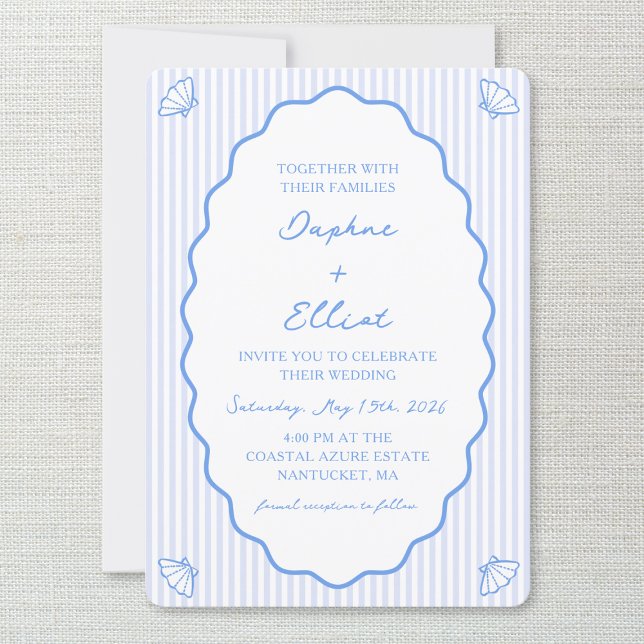 Invitación Moda costera Boda ondulado de rayas azules y blanc (Subido por el creador)