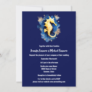 Invitación Moda costera   caballito de mar azul naranja playa