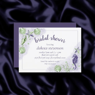 Invitación Moda costera   Ducha morada y verde de vida marina
