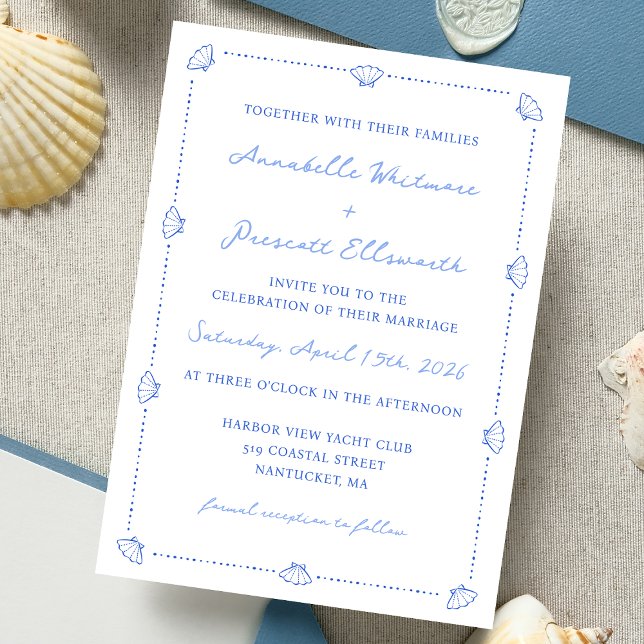 Invitación Moda costera Shell borde elegante Boda azul (A nautical-inspired wedding invitation with delicate seashell details. Perfect for a classic wedding)