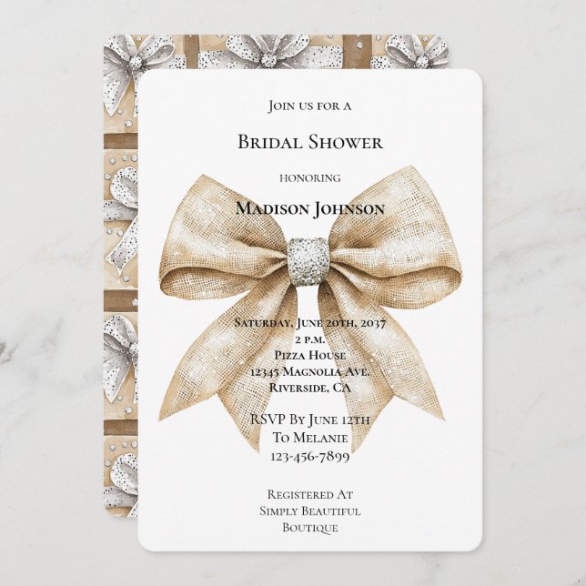 Invitación Moda Cream Silver Glam Bow Bridal Shower (Anverso / Reverso)