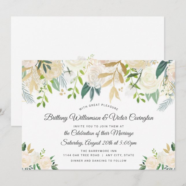Invitación Moda Crema Blanca Floral de marfil y Boda de veget (Anverso / Reverso)