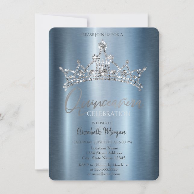 Invitación Moda Crown Blue Metallic Quinceañera (Anverso)