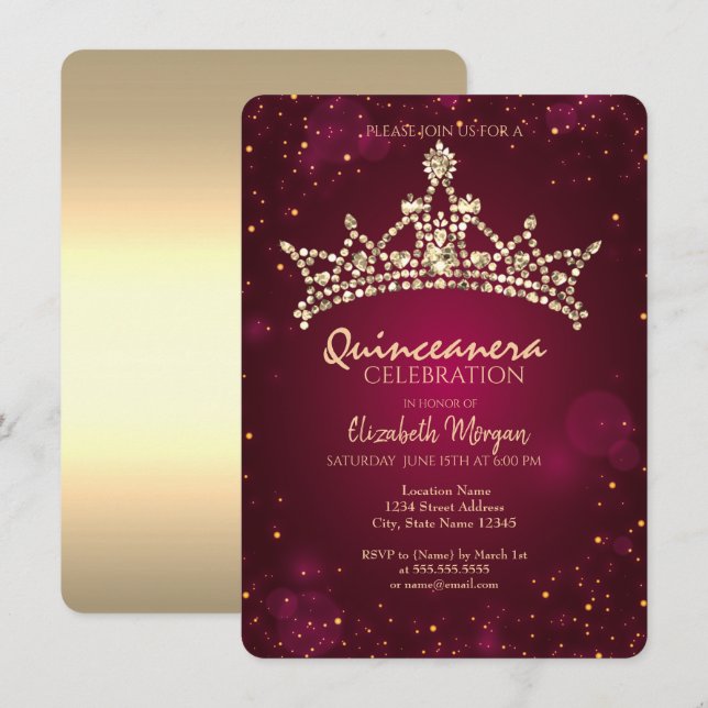 Invitación Moda Crown Burgundy Quinceañera (Anverso / Reverso)