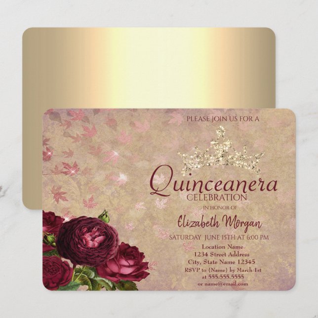 Invitación Moda Crown Red Roses Quinceañera (Anverso / Reverso)