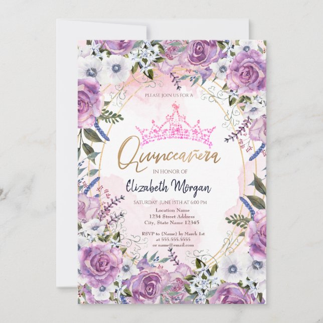 Invitación Moda Crown Violet Flowers Quinceanera (Anverso)