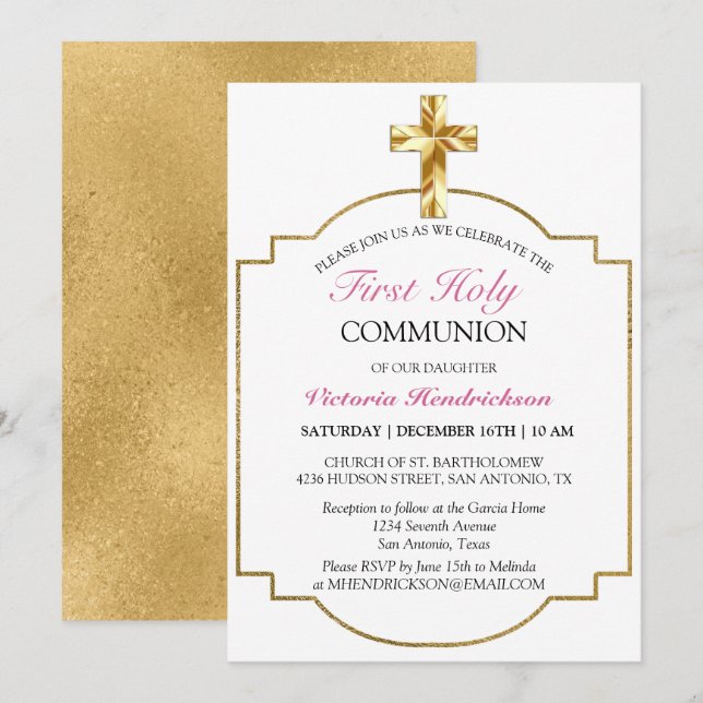 Invitación Moda Cruz de Oro Rosa Primera Santa Comunión  (Anverso / Reverso)