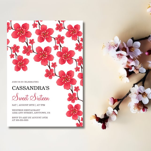 Invitación Moda Cruz Roja Cerezo Blossom Floral Botanario Cum (Subido por el creador)