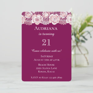 Invitación Moda Cumpleaños de Lace Floral Rosa Oscuro