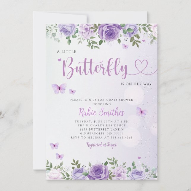 Invitación Moda Cuta Morado Chica de mariposa floral Baby Sho (Anverso)