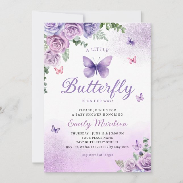 Invitación Moda Cuta Morado Chica de mariposa floral Baby Sho (Anverso)
