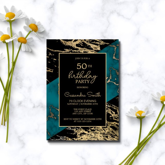 Invitación Moda Cyan Marble Relieve metalizado dorado Pintura (Subido por el creador)