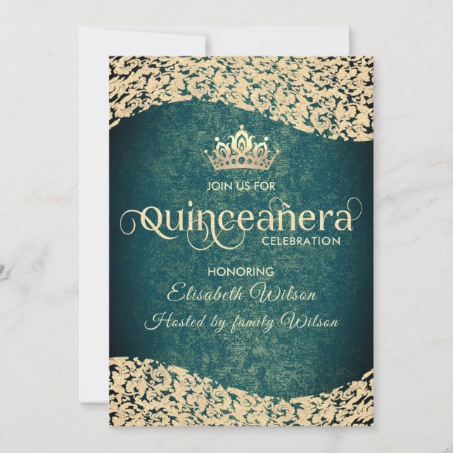 Invitación Moda Dama de oro verde esmeralda tiara Quinceañera (Anverso)