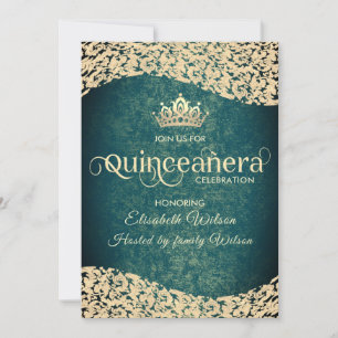 Invitación Moda Dama de oro verde esmeralda tiara Quinceañera