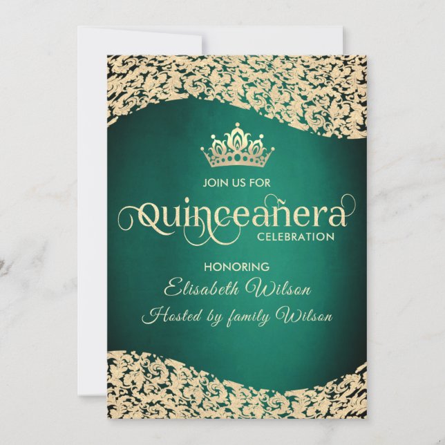 Invitación Moda Dama de oro verde esmeralda tiara Quinceañera (Anverso)