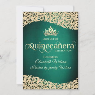 Invitación Moda Dama de oro verde esmeralda tiara Quinceañera