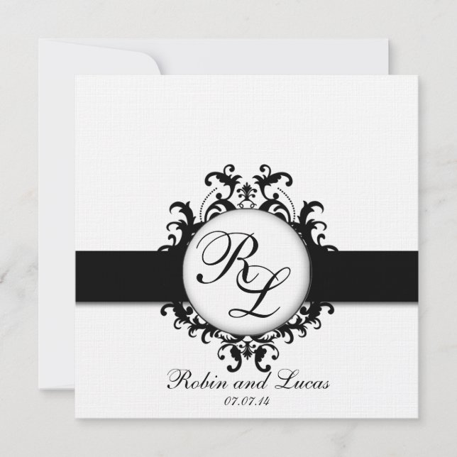 Invitación Moda Damask Monogramas Boda Invita Blanco Negro (Anverso)