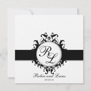 Invitación Moda Damask Monogramas Boda Invita Blanco Negro