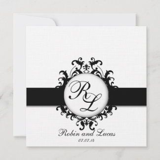 Invitación Moda Damask Monogramas Boda Invita Blanco Negro
