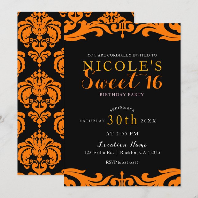 Invitación Moda Damask negro y Naranja elegante dulce 16 Fies (Anverso / Reverso)