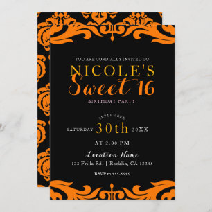Invitación Moda Damask negro y Naranja elegante dulce 16 Fies