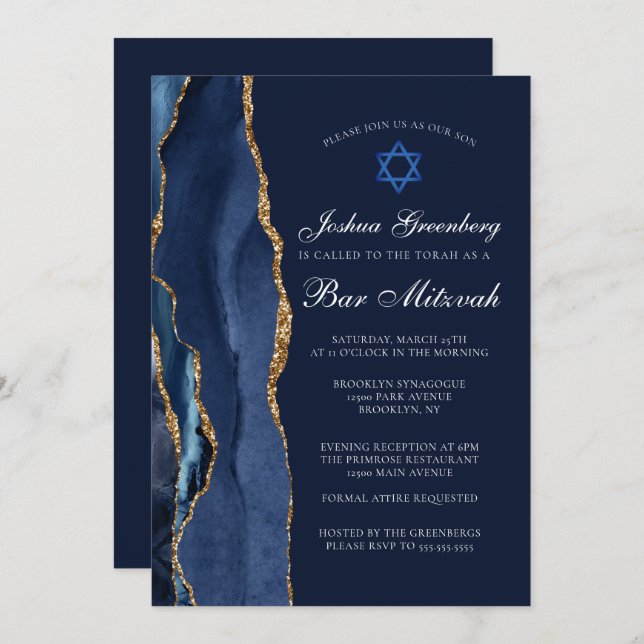 Invitación Moda Dark Blue Gold Agate Bar Mitzvah Fiesta (Anverso / Reverso)