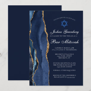 Invitación Moda Dark Blue Gold Agate Bar Mitzvah Fiesta