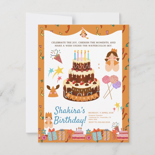 Invitación Moda de acuarela con encanto caprichoso cumpleaños (Anverso)