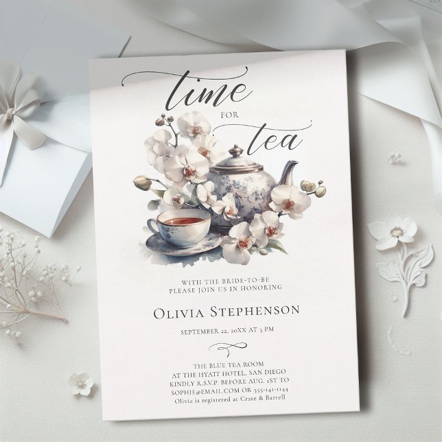 Invitación Moda de acuarela de orquídeas blancas ducha de té  (bridal tea party white orchid elegant modern classic watercolor romantic sophisticated classy chic)
