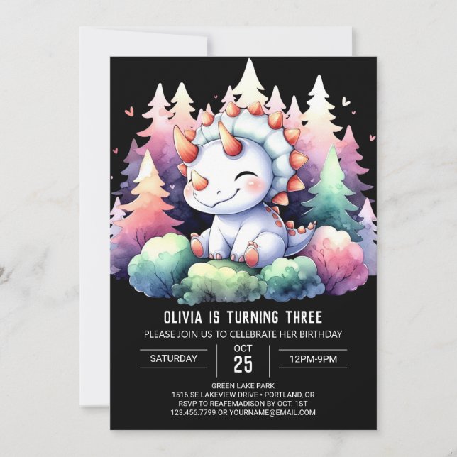 Invitación Moda de acuarela Triceratops Cumpleaños (Anverso)